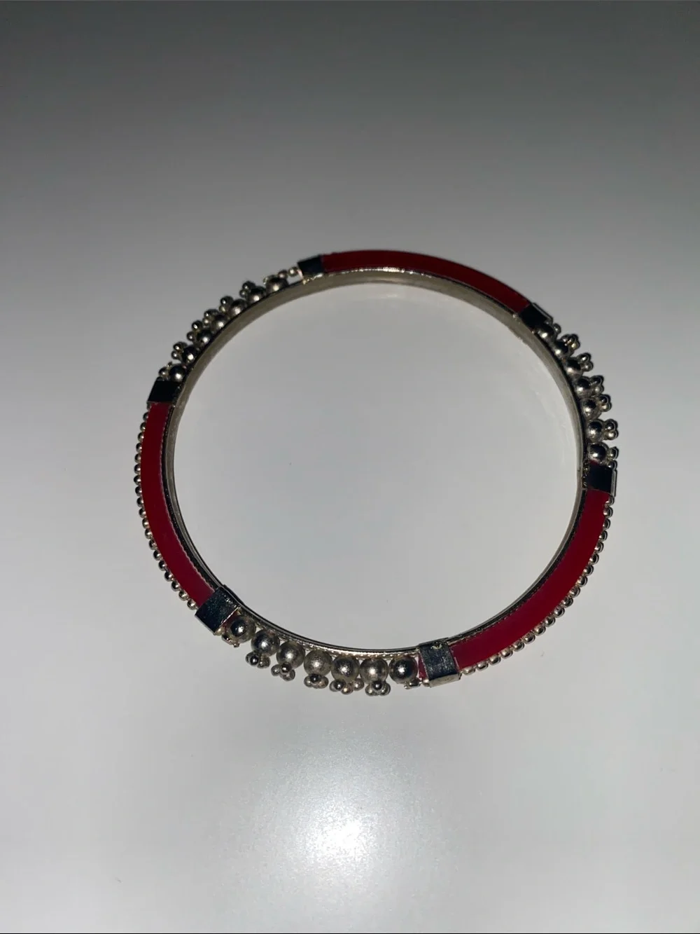 Red Enamel Silver Bead Bangle Bracelet